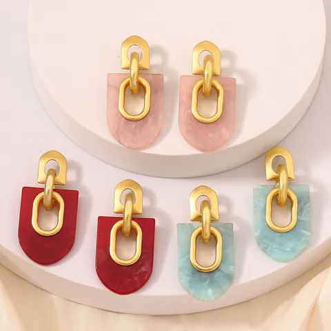 Retro French Geometric Drop Earrings Matte Gold Alloy Cellulose Acetate Marble Pattern Square Round Arch Jewelry For Women