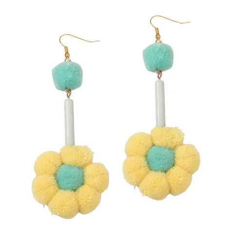 Pendientes Largos Retro Franceses con Pompones de Algodón y Gancho de Aleación Dorada Joyería Floral de Moda para Mujer
