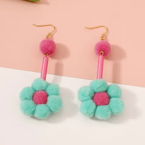 Pendientes Largos Retro Franceses con Pompones de Algodón y Gancho de Aleación Dorada Joyería Floral de Moda para Mujer