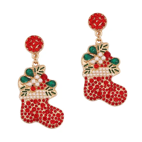 Boucles d'Oreilles Pendantes Chaussette de Noël en Alliage de Zinc Avec Strass et Fausse Künstliche Perle Bijoux Cadeau Pour Femme