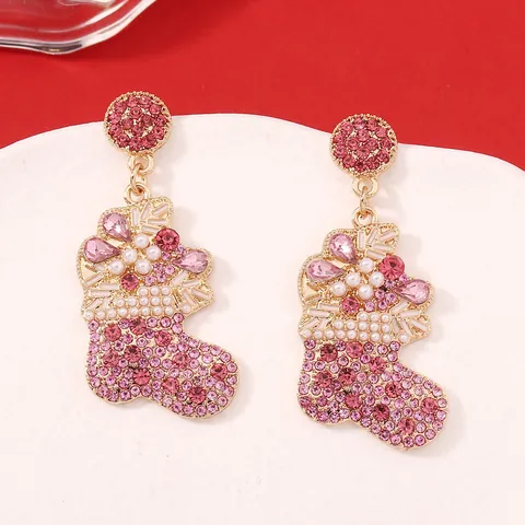 Boucles d'Oreilles Pendantes Chaussette de Noël en Alliage de Zinc Avec Strass et Fausse Künstliche Perle Bijoux Cadeau Pour Femme