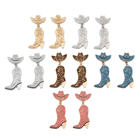 Western Cowboy Hat And Boot Drop Earrings For Women Zinc Alloy Enamel Floral Engraved Fashion Jewelry With Stainless Steel Post