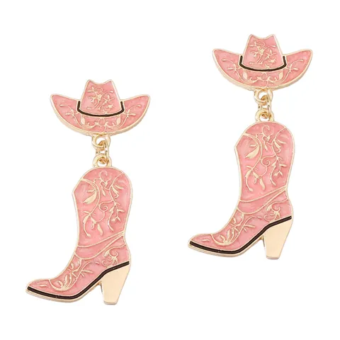 Western Cowboy Hat And Boot Drop Earrings For Women Zinc Alloy Enamel Floral Engraved Fashion Jewelry With Stainless Steel Post