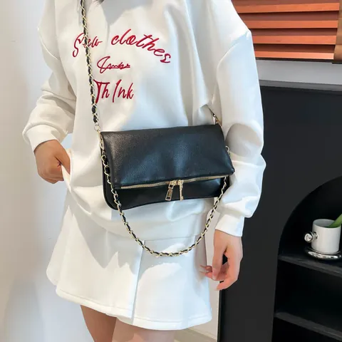 Women Fashion Litchi Pattern PU Leather Chain Shoulder Crossbody Bag Minimalist Small Square Purse With Double Zipper Decor