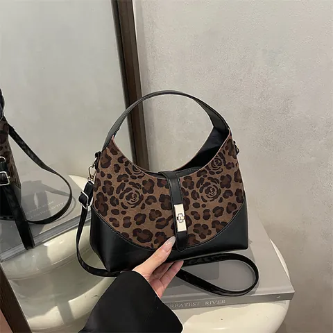 Bolso Hobo de Patchwork Vintage con Estampado de Leopardo para Mujer Color de Contraste Gamuza Cuero PU Bolso de Hombro Cierre de Metal