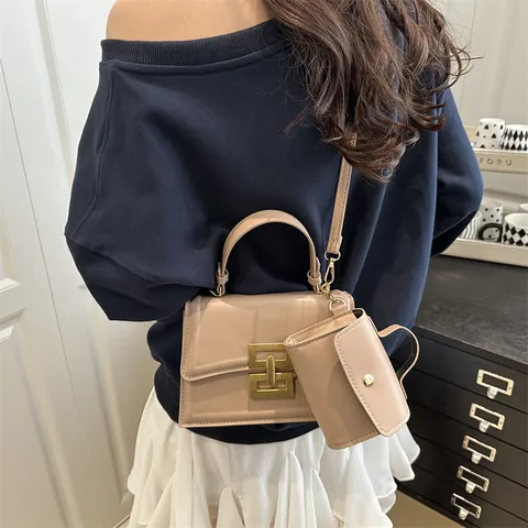 Women Vintage PU Leather Crossbody Bag With Metal Lock Chain Strap Top Handle Handbag And Mini Pouch Fashion Shoulder Bag