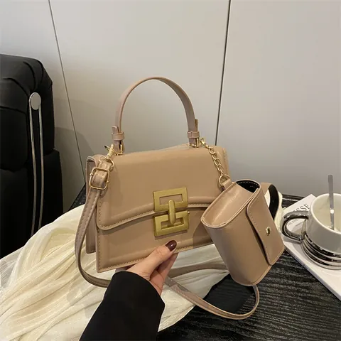 Damen Vintage PU Leder Umhängetasche Und Mini Geldbörse Set Urban Minimalistisch Einfarbig Schultertasche Mit Geometrischem Metallo-Schloss Handtasche Top Handle Quadratische Tasche