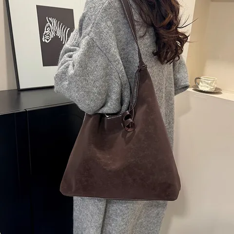 Damen Vintage Große Kapazität PU Leder Tote Bag Minimalistisch Ziernähte Achsel Schultertasche Fashion Pendeln Handtasche