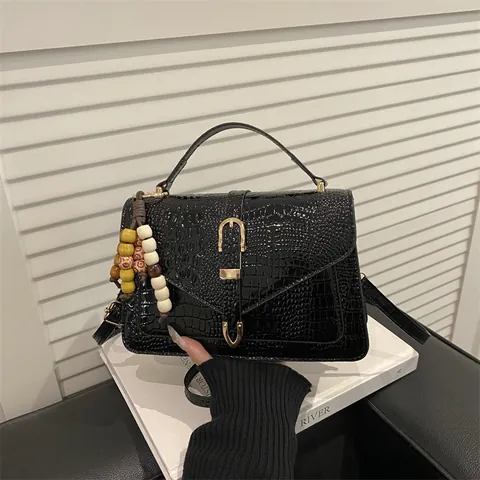 Vintage Crocodile Pattern PU Leather Crossbody Bag With Beaded Pendant For Women Elegant Small Square Top Handle Handbag