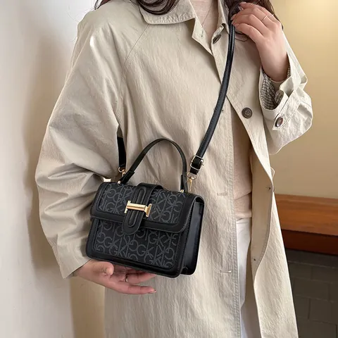 Vintage Monogram Printed PU Leather Small Square Bag For Women Gold Metal Buckle Handbag Shoulder Crossbody Bag