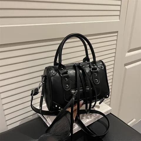 Women Retro Rivet Tassel Motorcycle Shoulder Bag High Sense PU Leather Boston Satchel Bag Handbag With Detachable Strap
