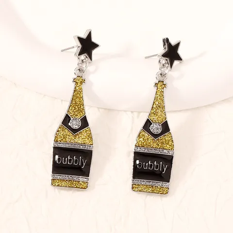 Creative Champagne Bottle Drop Earrings With Black Star Enamel Alloy Glitter Rhinestone Bubbly Party Jewelry For Women