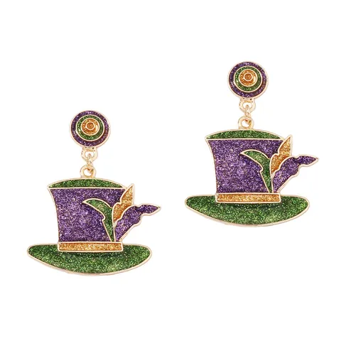 Pendientes Colgantes de Sombrero de Copa de Mardi Gras para Mujer Aleación de Zinc Púrpura Verde Oro Brillo Joyería de Fiesta de Carnaval