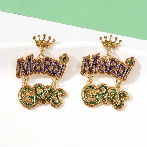 Pendientes Colgantes Mardi Gras De Aleación De Zinc Corona Letras Purpurina Morado Verde Dorado Para Fiesta Mujer Joyería