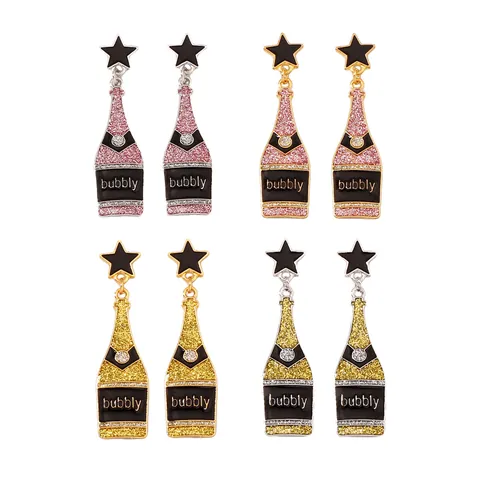 Creative Champagne Bottle Drop Earrings With Black Star Enamel Alloy Glitter Rhinestone Bubbly Party Jewelry For Women