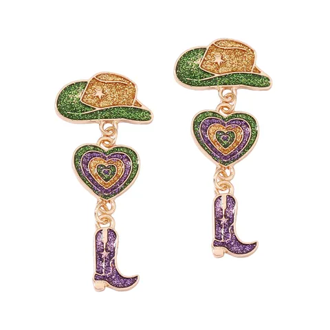 Glitter Enamel Western Cowboy Hat Heart Boot Drop Earrings Purple Green Gold Zinc Alloy Dangle Earrings Women Jewelry