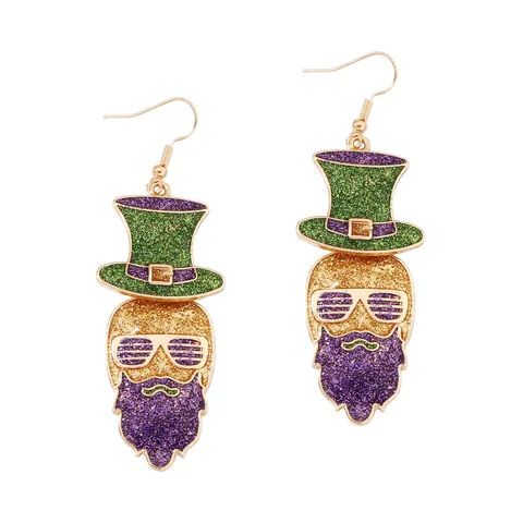 St Patrick's Day Leprechaun Drop Earrings Alloy Glitter Green Hat Sunglasses Purple Beard Funny Festive Women Jewelry