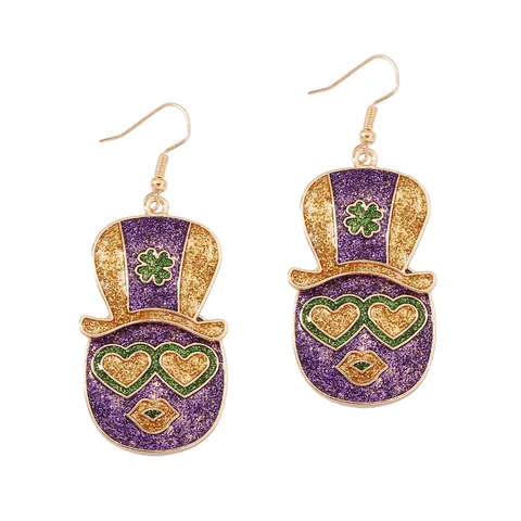 St Patricks Day Karneval Hut Herz Brille Klee Ohrhänger Lila Gold Grün Glitzer Legierung Emaille Ohrringe Für Damen