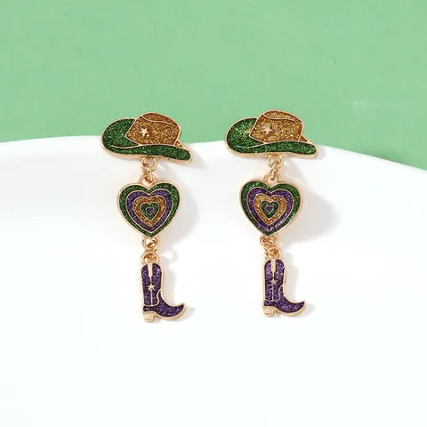 Glitter Enamel Western Cowboy Hat Heart Boot Drop Earrings Purple Green Gold Zinc Alloy Dangle Earrings Women Jewelry