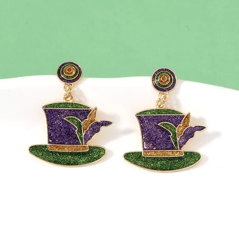 Pendientes Colgantes de Sombrero de Copa de Mardi Gras para Mujer Aleación de Zinc Púrpura Verde Oro Brillo Joyería de Fiesta de Carnaval