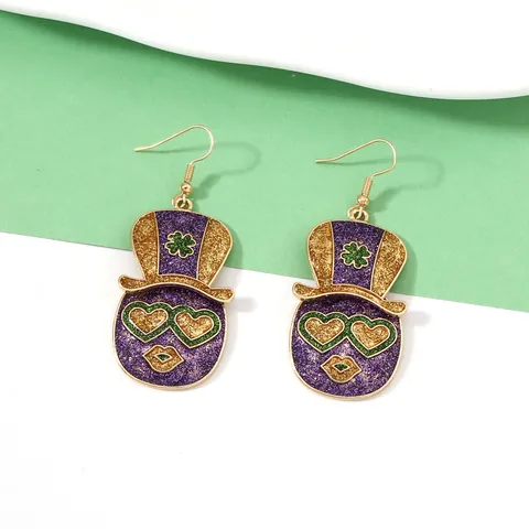 St Patricks Day Karneval Hut Herz Brille Klee Ohrhänger Lila Gold Grün Glitzer Legierung Emaille Ohrringe Für Damen