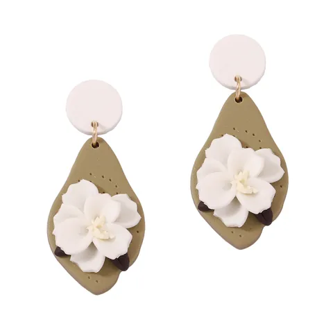 Handmade Polymer Clay Floral Drop Earrings Olive Green Cream White 3D Flower Teardrop Earrings For Women Fashion Jewelry