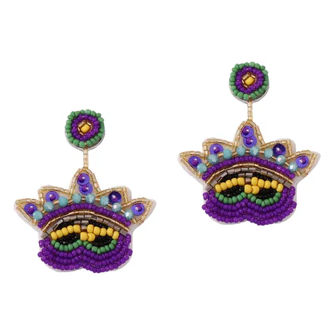 Mardi Gras Kralen Oorbellen Handgemaakte Seed Bead Kroon Masker Hangende Oorbellen Voor Vrouwen Paars Groen Geel Sieraden