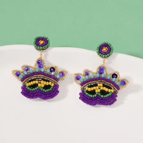 Mardi Gras Kralen Oorbellen Handgemaakte Seed Bead Kroon Masker Hangende Oorbellen Voor Vrouwen Paars Groen Geel Sieraden