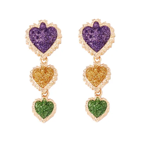 Mardi Gras Glitter Drop Earrings Zinc Alloy Purple Green Gold Heart Bow Round Earrings With Stainless Steel Earring Post For Women Carnival Jewelry