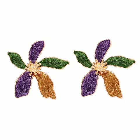 Mardi Gras Blumen Ohrstecker Für Damen Vintage Zinklegierung Glitzer Lila Grün Gold Floral Karneval Party Modeschmuck