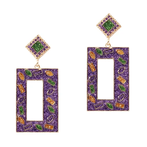 Pendientes de Gota Geométricos de Esmalte con Brillo Púrpura Verde Dorado Mardi Gras Carnaval Fiesta Joyería para Mujer