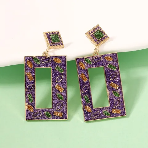 Pendientes de Gota Geométricos de Esmalte con Brillo Púrpura Verde Dorado Mardi Gras Carnaval Fiesta Joyería para Mujer