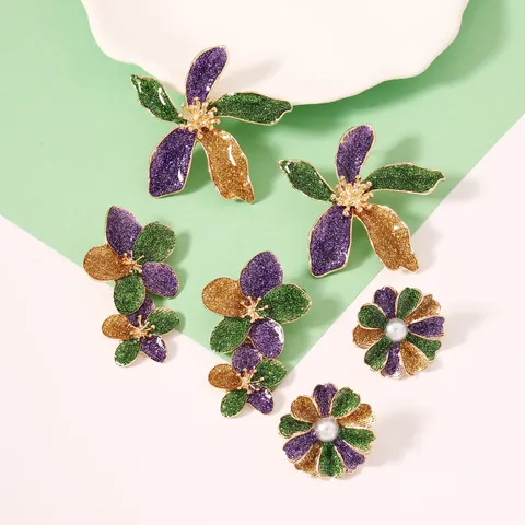 Mardi Gras Blumen Ohrstecker Für Damen Vintage Zinklegierung Glitzer Lila Grün Gold Floral Karneval Party Modeschmuck