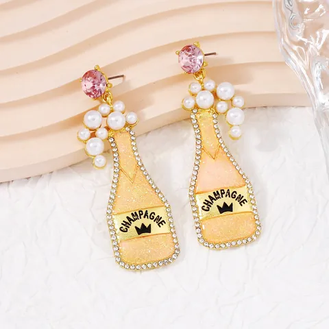 Creative Champagne Bottle Dangle Earrings For Women Zinc Alloy Rhinestone Faux Artificial Pearl Bubble Design Party Fashion Jewelry