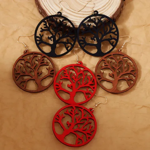 Vintage Tree Of Life Wood Drop Earrings For Women Laser Cut Hollow Round Wooden Dangle Earrings Boho Jewelry Gift
