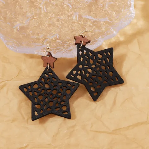 Vintage Bohemian Wooden Hollow Star Drop Earrings For Women Geometric Leopard Pattern Laser Cut Wood Star Earrings Jewelry Gift
