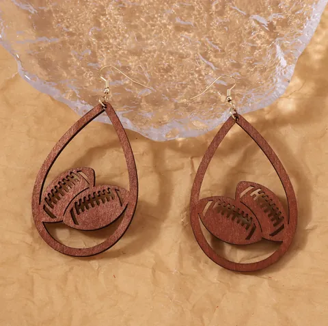 Fashion Wooden Laser Cut Hollow Teardrop Rugby Football Pattern Dangle Drop Earrings For Women Sports Fans Jewelry Gift