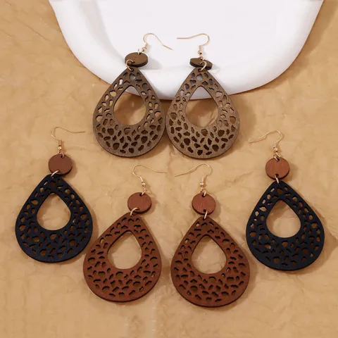 Bohemian Vintage Wood Cutout Teardrop Earrings For Women Geometric Hollow Out Leopard Print Wooden Dangle Earrings Jewelry Gift