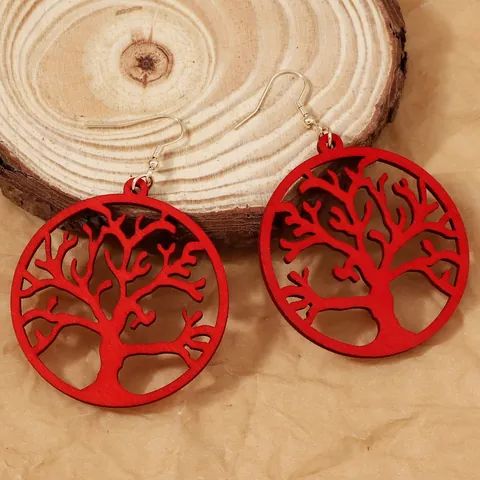 Vintage Tree Of Life Wood Drop Earrings For Women Laser Cut Hollow Round Wooden Dangle Earrings Boho Jewelry Gift