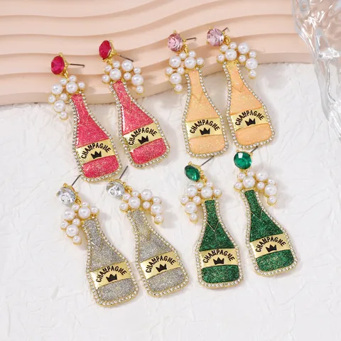 Creative Champagne Bottle Dangle Earrings For Women Zinc Alloy Rhinestone Faux Artificial Pearl Bubble Design Party Fashion Jewelry