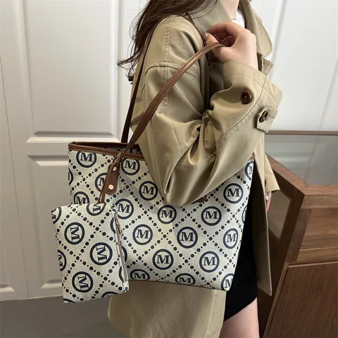 Vintage Monogram M Letter Print Tote Bag Σετ δύο τεμαχίων Μεγάλη χωρητικότητα Καμβάς PU Δερμάτινη τσάντα ώμου για γυναίκες