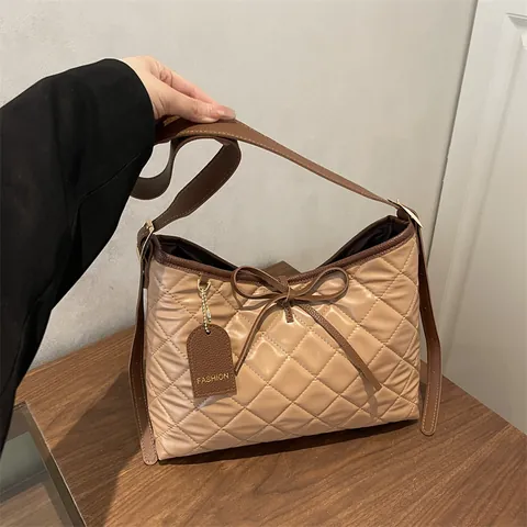 Borsa Tote Trapuntata da Donna Grande Capacità Motivo a Rombi Retrò in Pelle PU Borsa a Tracolla Con Fiocco Decorativo Casual