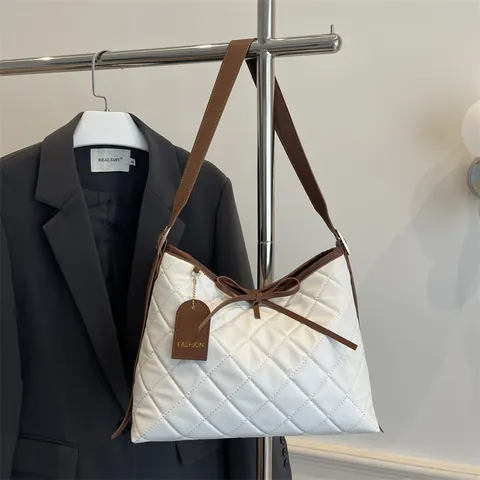 Borsa Tote Trapuntata da Donna Grande Capacità Motivo a Rombi Retrò in Pelle PU Borsa a Tracolla Con Fiocco Decorativo Casual
