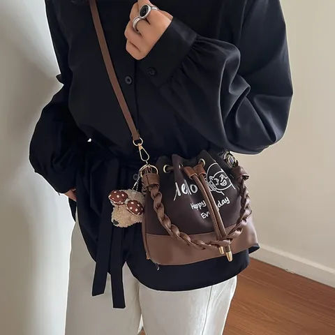 Bolso Bombonera de Mujer en Color de Contraste Estampado de Gato Dibujos Animados Cordón Bolso de Hombro Con Asa Trenzada Colgante de Oso