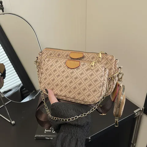 Borsa a Tracolla Donna Tre In Uno Vintage Stampa Monogramma Piccola Borsa a Spalla Quadrata Con Catena Tracolla Larga Borsellino