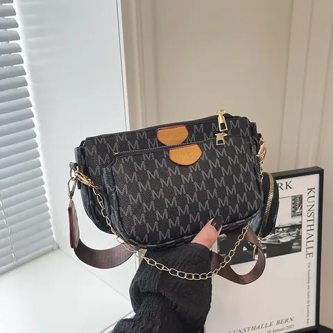 Borsa a Tracolla Donna Tre In Uno Vintage Stampa Monogramma Piccola Borsa a Spalla Quadrata Con Catena Tracolla Larga Borsellino