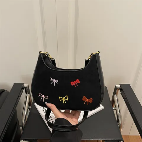 Vintage Suede Hobo Underarm Bag For Women Fashion Moon Bag With Colorful Bow Embroidery Contrast Leather Trim Gold Hardware