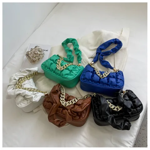 Women Fashion Ruched Pleated Underarm Bag PU Leather Quilted Puffy Shoulder Bag With Chunky Gold Chain Fashion Handbag