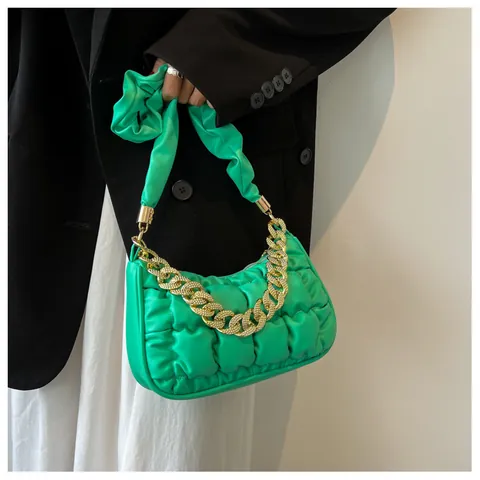 Women Fashion Ruched Pleated Underarm Bag PU Leather Quilted Puffy Shoulder Bag With Chunky Gold Chain Fashion Handbag