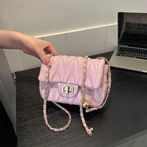 Minimalistische Damen PU-Leder V-Gesteppte Umhängetasche Goldkette Schultertasche Mit Verstellbarer Metallkugel Kleine Quadratische Tasche